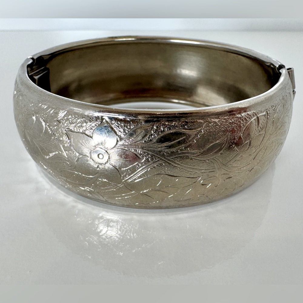 Miriam Haskell Silver-Tone Floral Engraved Hinged Bracelet